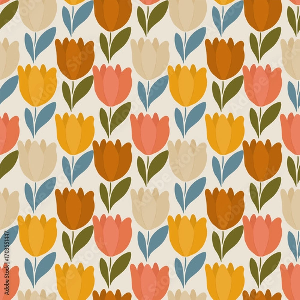 Fototapeta Seamless floral vector pattern with tulip design, colorful seamless floral vector pattern for textile, elegant seamless floral vector pattern for wallpaper
