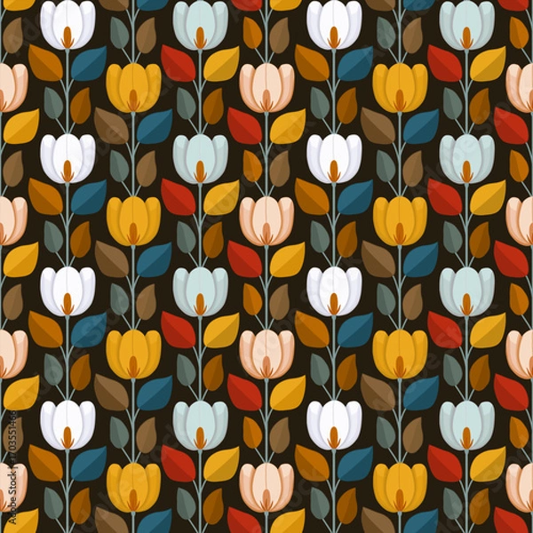 Fototapeta Seamless floral vector pattern with retro tulip design, colorful seamless floral vector pattern for textile, elegant seamless floral vector pattern for wallpaper