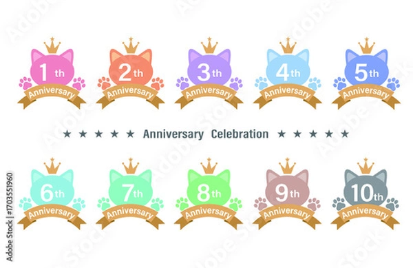 Fototapeta ネコの形のかわいいアニバーサリーロゴの色違いのセット( 周年記念 お祝い ロゴ イラスト 1周年 2周年 3周年4周年5周年）