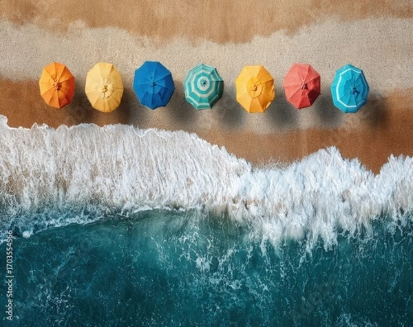 Fototapeta Colorful beach umbrellas lined up on the sand, aerial view