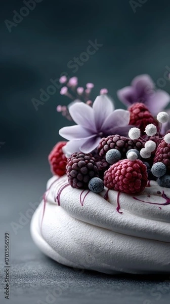 Obraz Raspberry and blackberry pavlova dessert on dark background