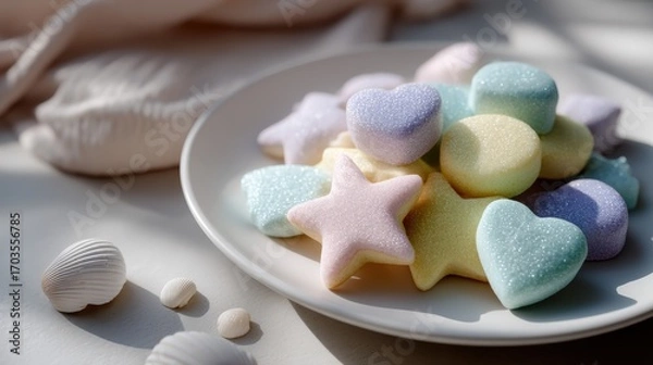 Obraz Soft pastel iced cookies on plate  star and heart shapes