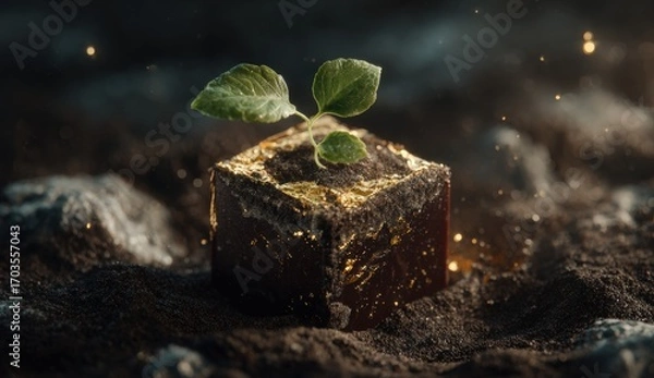 Fototapeta A small plant sprouts from a dark cube in dark soil