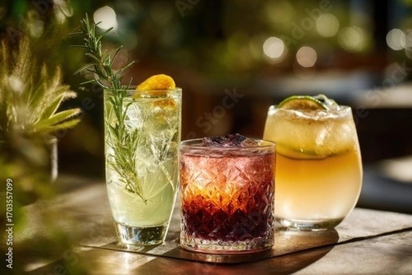 Fototapeta Three colorful drinks on a table outdoors