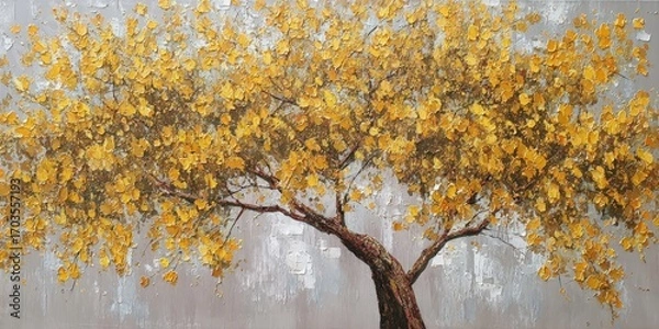 Fototapeta Abstract painting of a majestic yellow-leaved tree against a soft gray backdrop