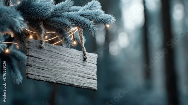 Obraz Frosted evergreen branch with warm micro lights