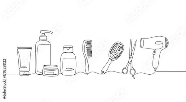 Obraz Hair care products and tools in minimalist line art style  