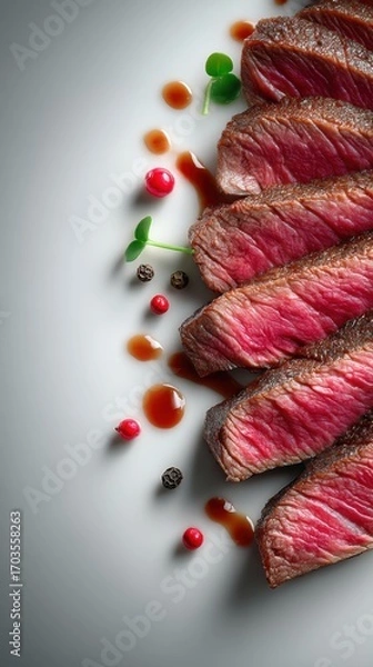Obraz Perfectly seared sliced steak with glossy reduction sauce