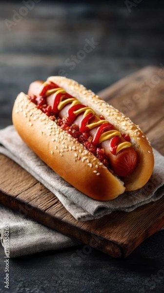 Obraz Sesame seed hot dog with relish and ketchup toppings