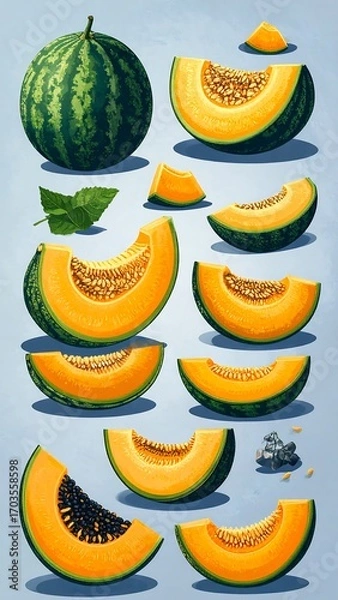 Fototapeta Digital illustration of a whole and sliced cantaloupe and watermelon