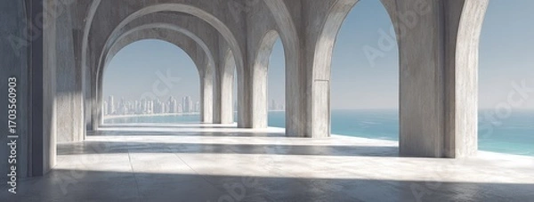 Fototapeta Modern concrete arches overlooking a city and ocean