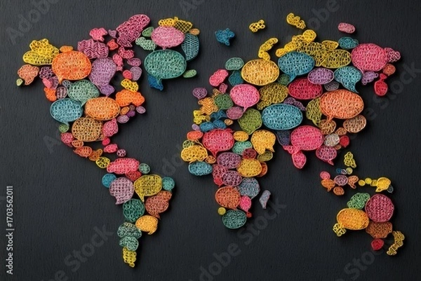 Fototapeta World map overlaid with colorful speech bubbles