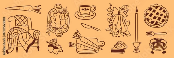 Fototapeta Autumn vector elements set. Cozy fall doodle sticker. Hello fall greeting or pattern. Isolated background. Thanksgiving invitation Illustration in the whimsical style.