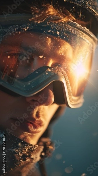 Fototapeta Extreme closeup of snow goggles with reflection