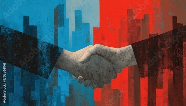 Fototapeta Handshake between two figures, divided by contrasting cityscapes