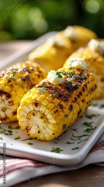Fototapeta Grilled corn on the cob segments with seasoning
