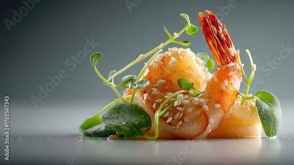 Obraz Glazed prawns on white plate with fresh greens