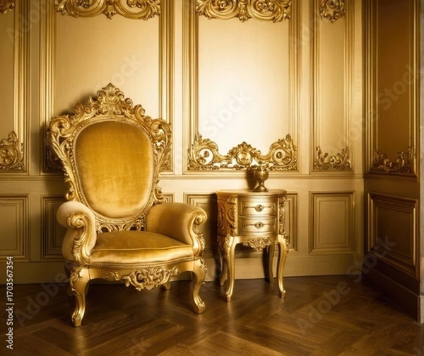 Fototapeta Luxurious Golden Throne Chair in Ornate Rococo Interior Setting 2
