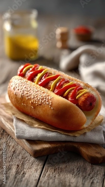 Obraz Sesame seed hot dog with relish and ketchup toppings