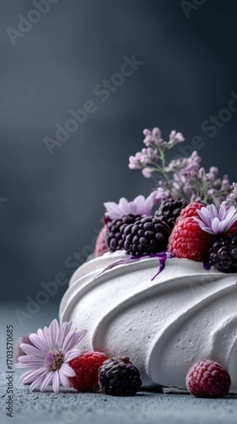 Obraz Raspberry and blackberry pavlova dessert on dark background