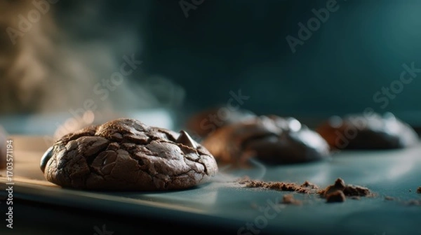 Obraz Closeup of rich double chocolate cookies baking