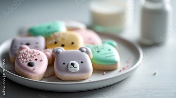Obraz Assorted iced animal face sugar cookies on a plate