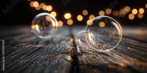 Fototapeta Two clear orbs on dark wood with bokeh lights