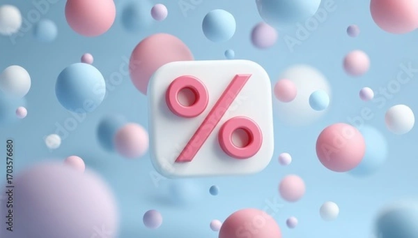 Fototapeta Pastel-colored 3D spheres background with a percentage icon