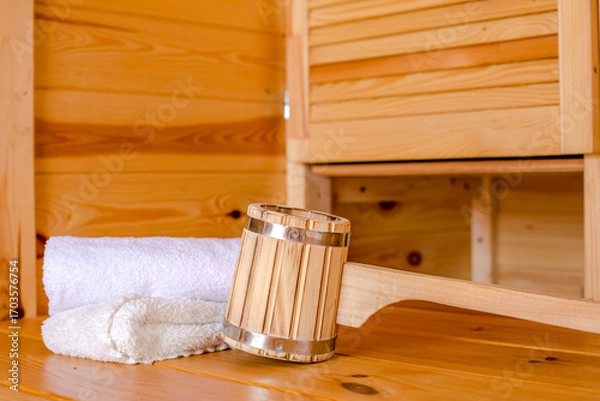 Fototapeta Detail of bucket and white towels in a sauna