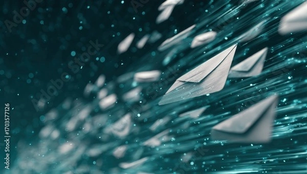 Fototapeta Abstract image of many envelopes flying through space