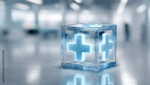 Fototapeta Transparent cube with glowing plus signs