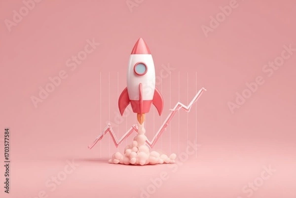 Fototapeta Pink rocket launching, growth chart