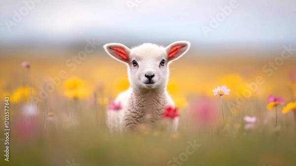 Fototapeta A cute lamb surrounded by colorful flowers in a sunny field, evoking a sense of peace and innocence, ideal for nature, farm life, or spring-themed projects,
