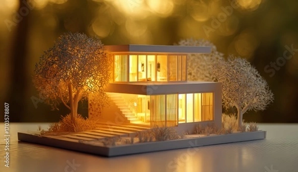 Fototapeta Modern house model, lit softly