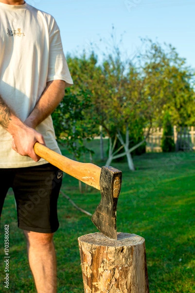 Fototapeta Man holding heavy ax. Axe in strong lumberjack hands chopping or cutting wood trunks .