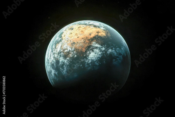 Obraz A captivating view of a distant planet displaying varied landscapes and atmospheric clouds set against the cosmos