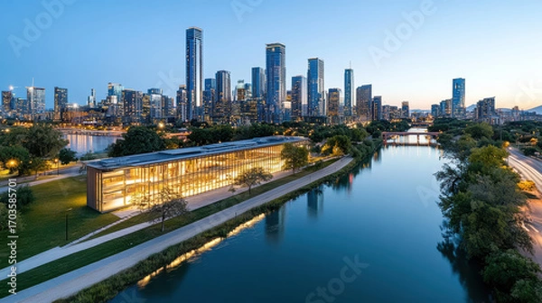 Obraz Urban skyline, river view, modern architecture, cityscape, evening light