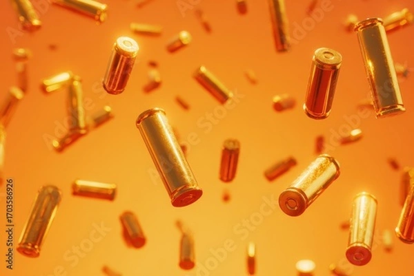 Fototapeta Golden bullet casings float in a vibrant orange background
