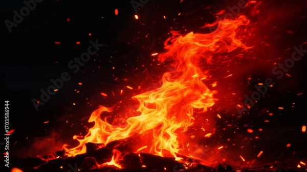 Obraz 燃え上がる炎と火の粉のダイナミックなクローズアップ背景