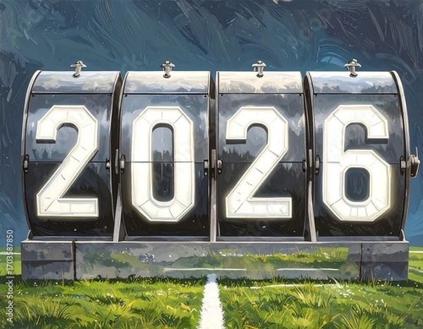 Fototapeta Digital scoreboard year 2026 on a field
