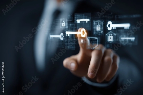 Fototapeta A hand interacts with a holographic key and security icons
