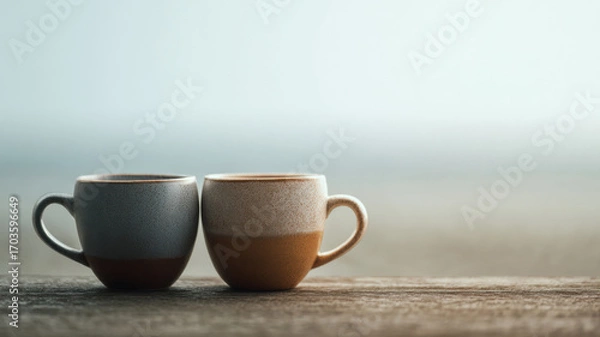 Fototapeta Two coffee mugs sitting side by side on a wooden surface with the ocean in the background
