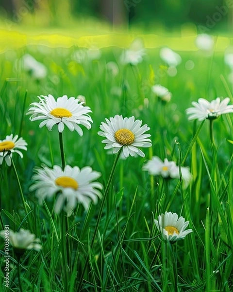 Fototapeta A vibrant field of daisies in lush green grass, bathed in soft sunlight, creating a serene and idyllic natural scene