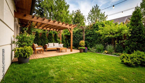 Fototapeta Cozy backyard patio with wooden pergola, cushioned seating, and lush green lawn surrounded by trees and shrubs under bright sky with string lights creating peaceful atmosphere
