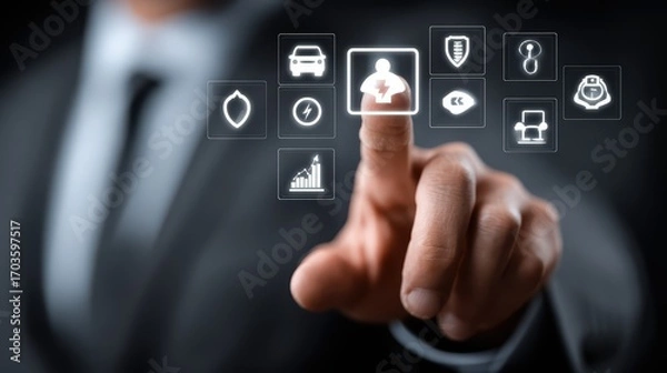Fototapeta Businessman Interacting with Virtual Insurance Icon, Confidently Presenting in Modern Workspace.