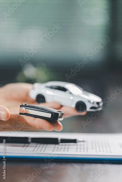 Fototapeta Car loan approval concept. Client finalizes purchase of vehicle by signing contract includes auto loan, insurance, credit terms, making car smart financial investment business-backed finance option.