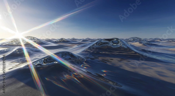 Fototapeta A surreal landscape of a world made of ice and glass that reflects the morning sunlight. It creates a bizarre yet beautiful scenery, reminiscent of a dreamlike state.