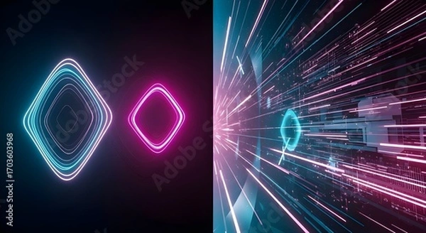 Fototapeta Futuristic neon digital interface concept with glowing shapes and high-speed data streams in pink and cyan colors, abstract cyber background split-screen design