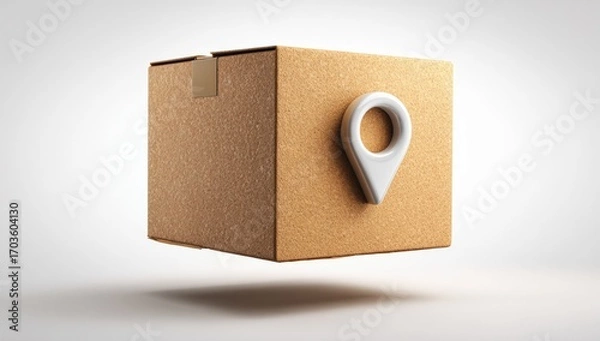Fototapeta Beige cardboard box with a white map pin