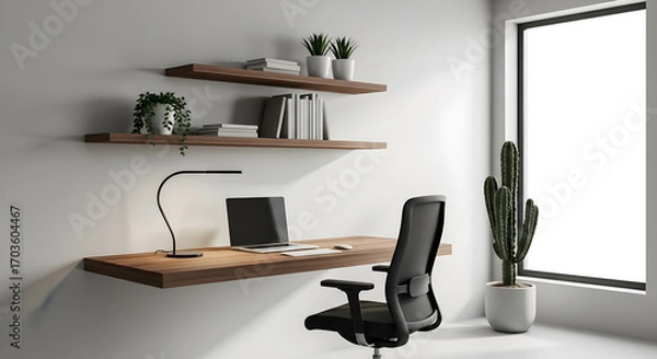 Fototapeta A minimalist home office setup featuring a floating wooden desk with a laptop and lamp, complemented by wall-mounted shelves and a large potted cactus by the window.
